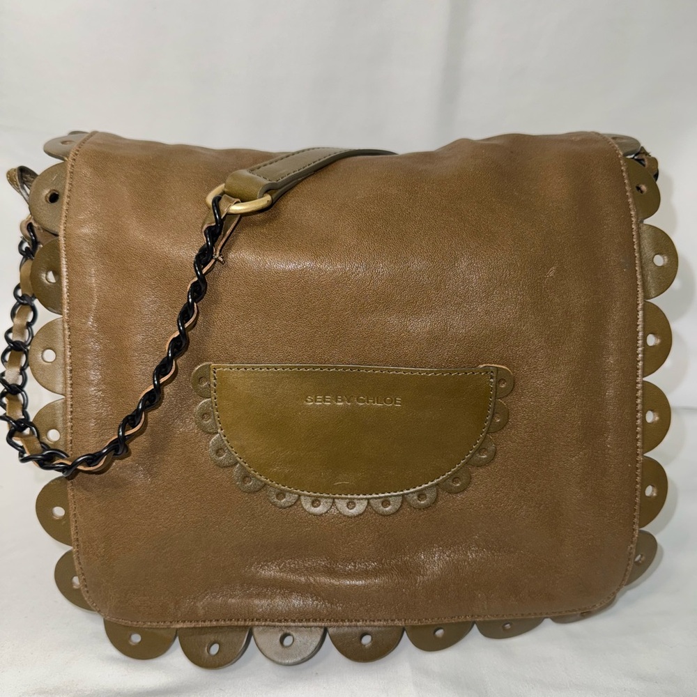 See By Chloe Leather Crossbody Flap Front Scallop Detail Terracotta Color